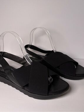 EILEEN FISHER 9.5 M Trek Mesh Black Cross Strap Platform Wedge Slingback Sandals